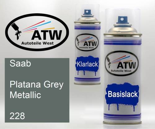 Saab, Platana Grey Metallic, 228: 400ml Sprühdose + 400ml Klarlack - Set, von ATW Autoteile West.